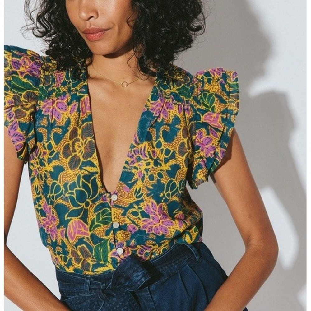 Cleobella Chloe Blouse SMALL Indo Block Print Floral Organic Cotton Ruffle Top